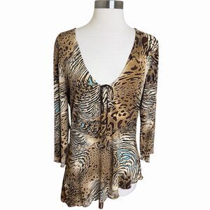 90s Y2K Fairy Core Animal Print Top Tie Front Asymmetric Hem Babydoll Large